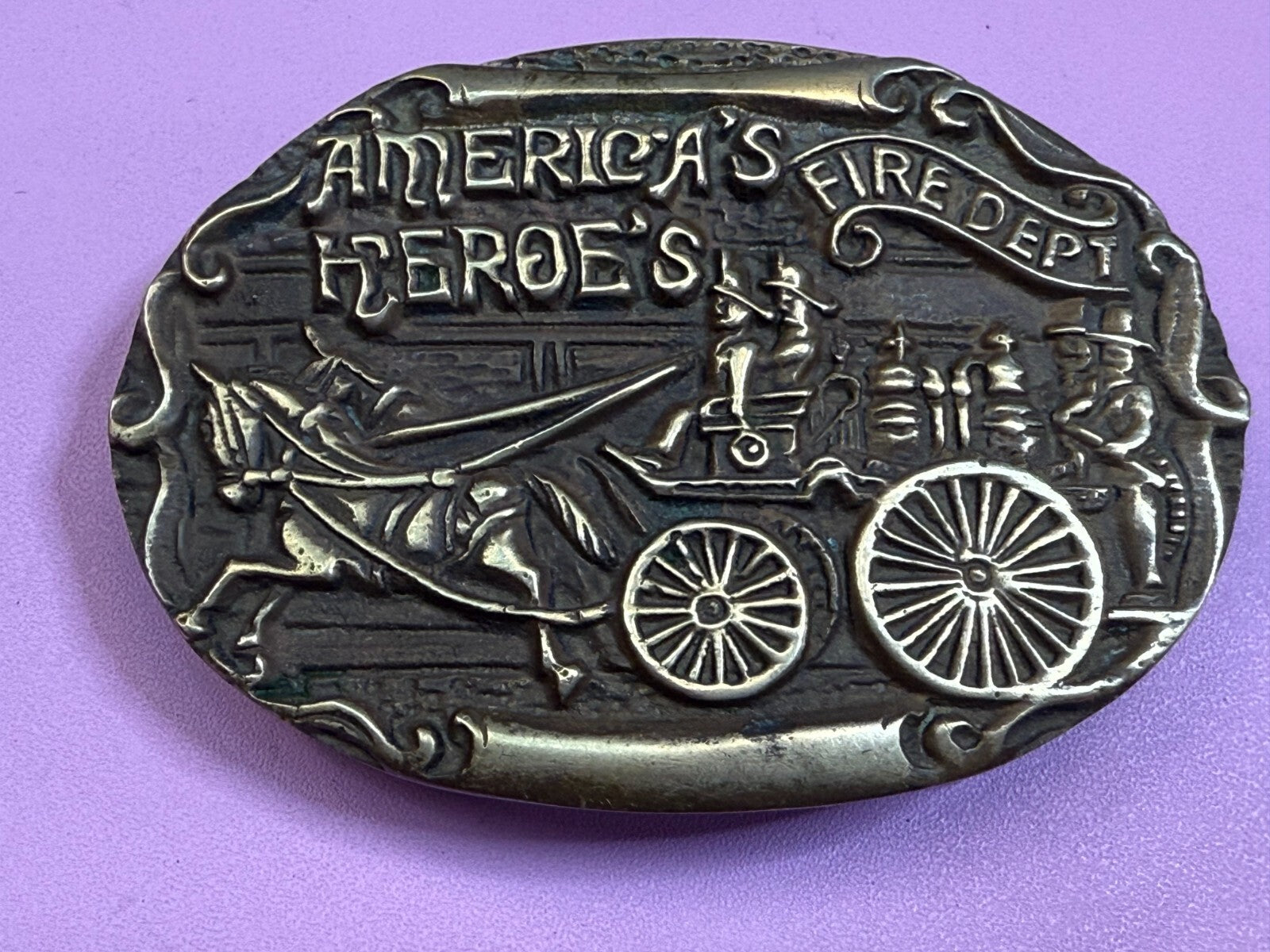 America's Heroes Fire Department Fireman Truck Wagon Solid Brass Belt Buckle