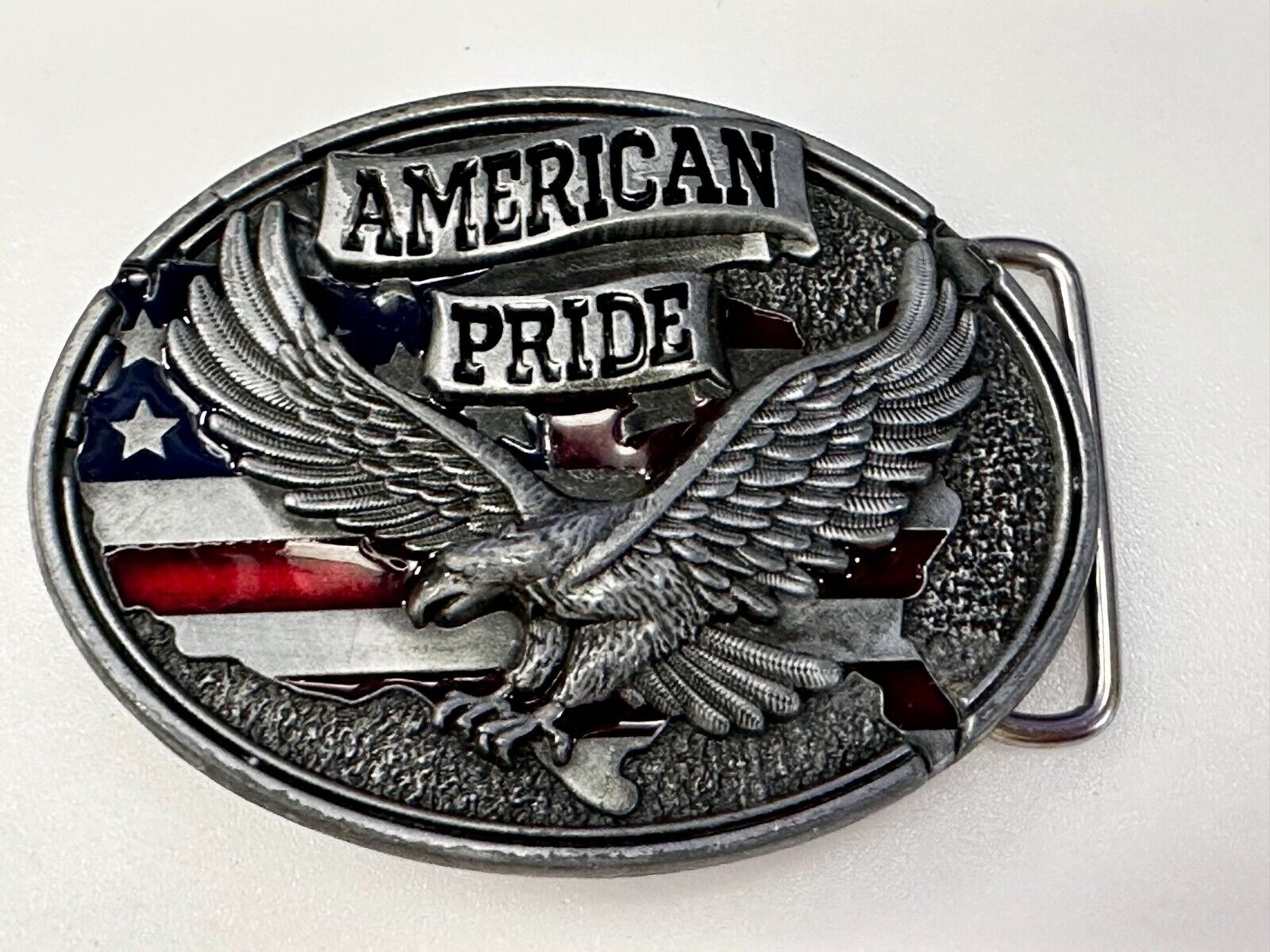 American Pride -Soaring Flying Eagle USA Flag Silver Color Patriotic Belt Buckle