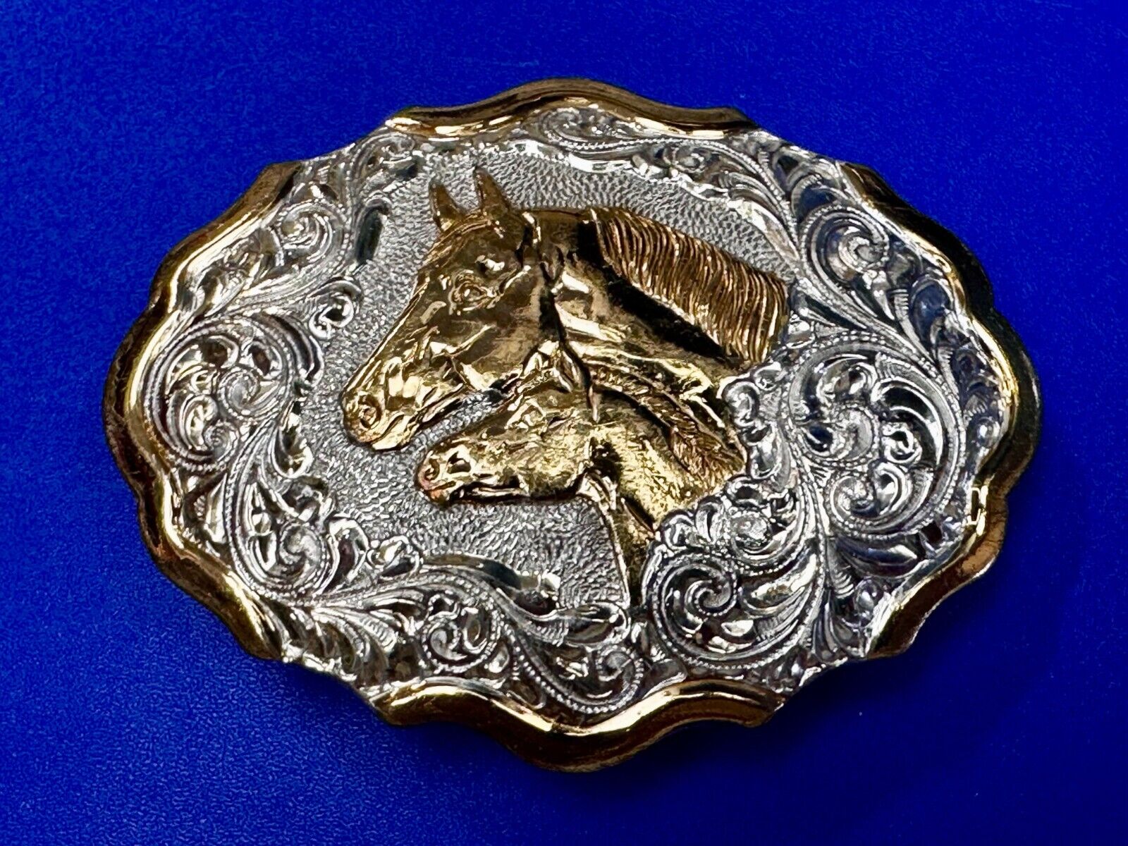 Two Horse Heads Beautiful  Ornate Rodeo Cowboy Two Tone Belt Buckle by Crumrine