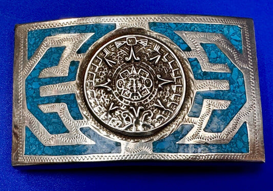 Aztec Mayan Calendar Sun Turquoise Inlay Southwestern Vintage Belt Buckle