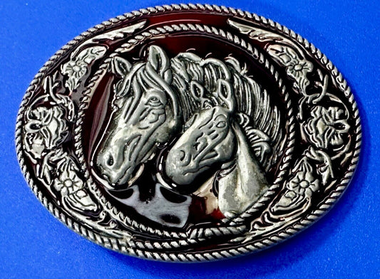 Two Horse Head's Red Color Enameled Western Cowboy's Belt Buckle