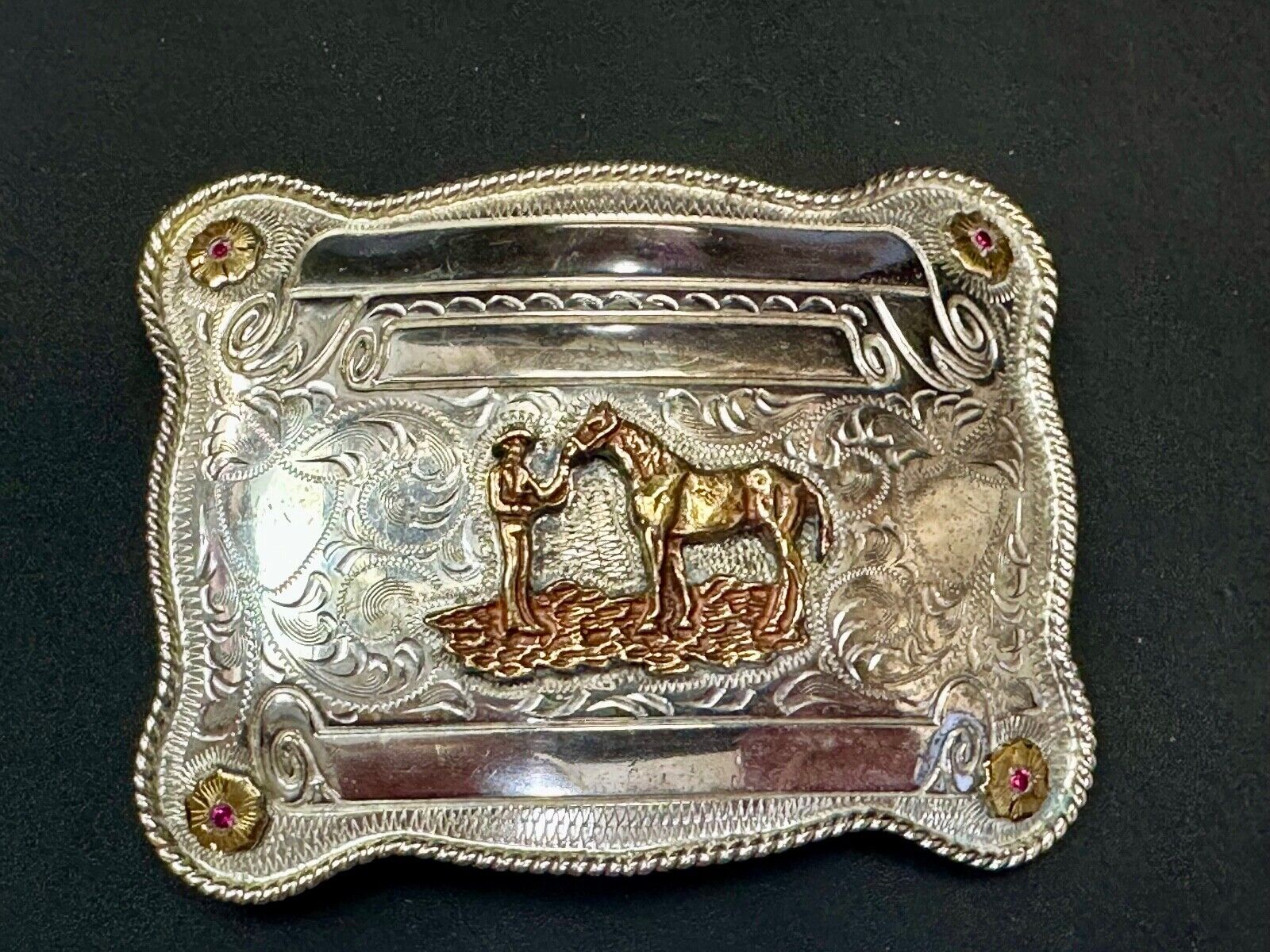 A man with his horse two tone, red ruby Belt Buckle - blank award scrolls