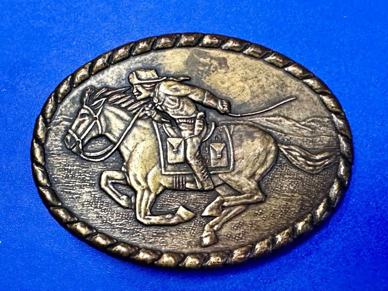 Vintage 1981 Pony Express Rider Mervyn's Commemorative Brass Tone Belt Buckle