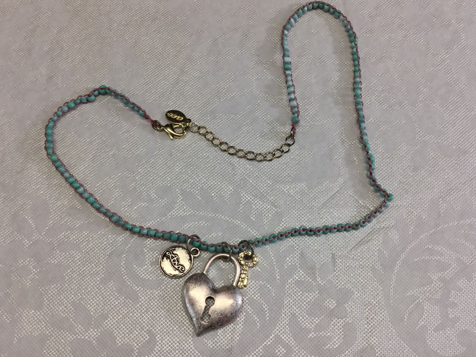 AEO silvertone locket heart pendant key beaded necklace Dual double American 