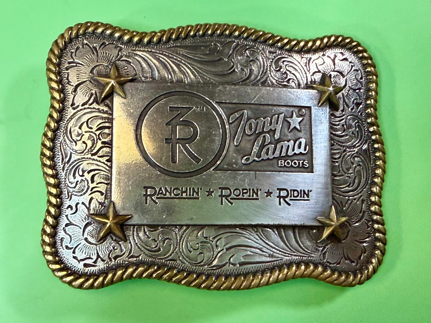 3R Ranch Ropin Ridin Gold Silver Tone Promotional Western Tony Lama Belt Buckle