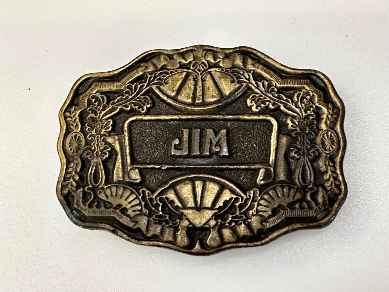 1970s  JIM Name - Custom Brass Tone Metal Oden USA Personalized Belt Buckle