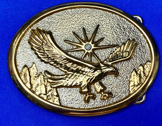Vintage Eagle Flying Over Mountains With Sunburst two tone belt buckle