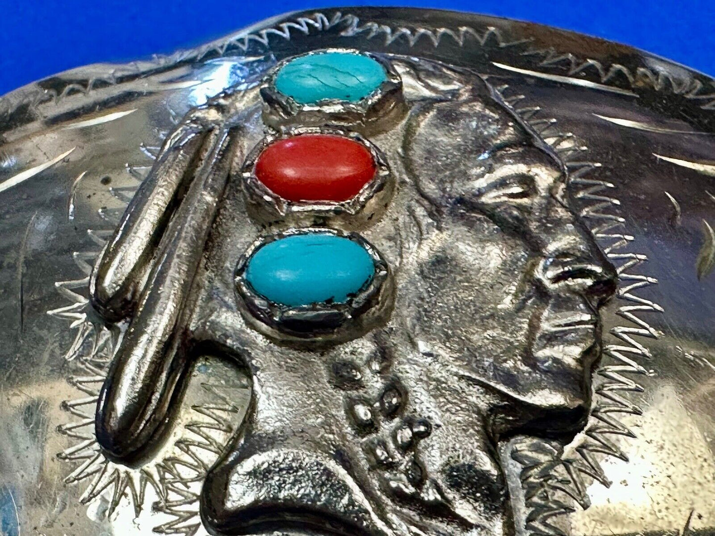 Artisan Native American Indian Bust Belt Buckle  Faux Turquoise & coral accents