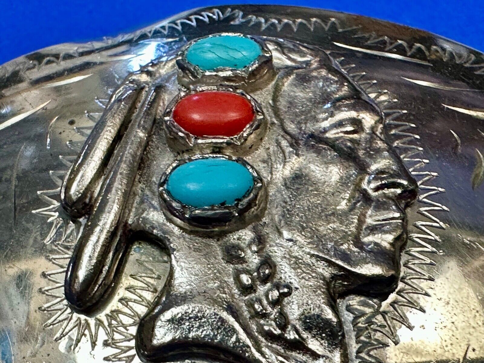 Artisan Native American Indian Bust Belt Buckle  Faux Turquoise & coral accents