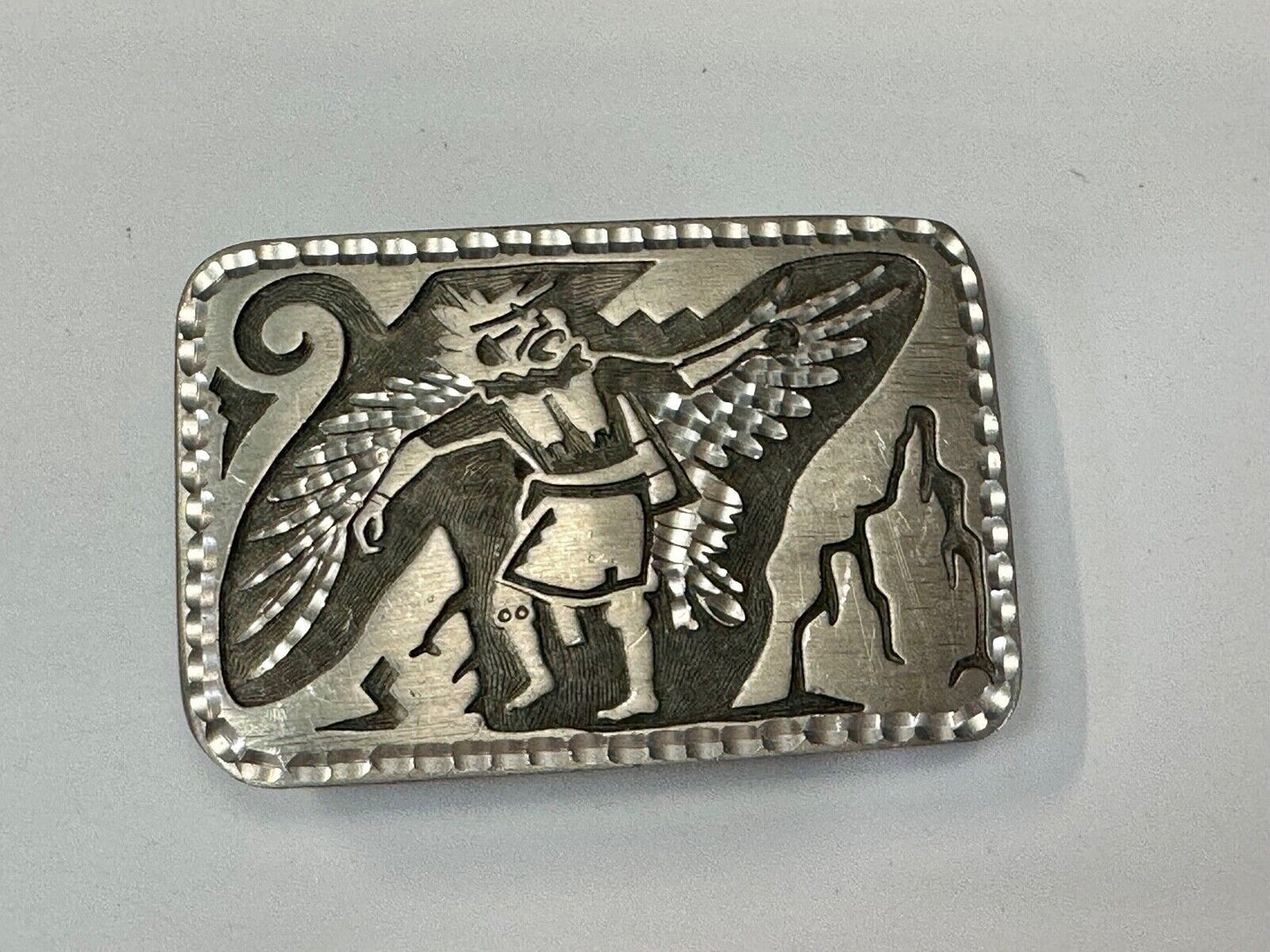 Unique Carving Ancient Mayan God Man Wings etched pewter vintage belt buckle
