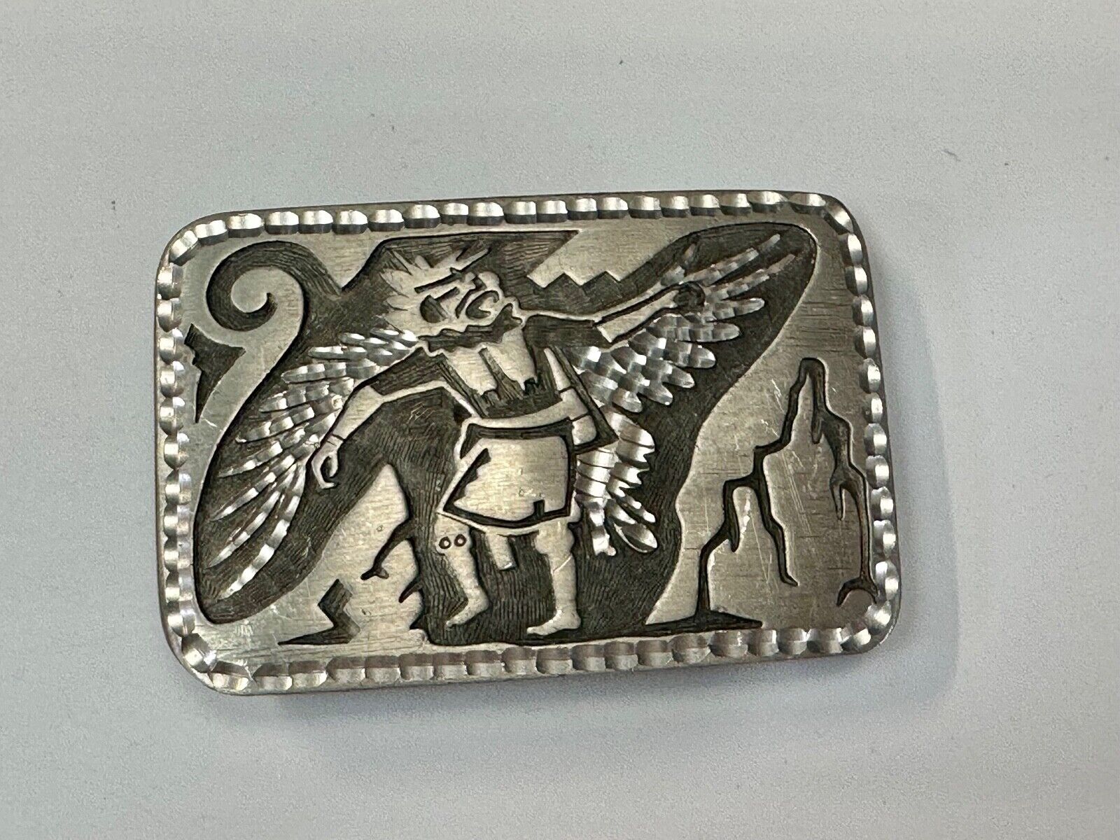 Unique Carving Ancient Mayan God Man Wings etched pewter vintage belt buckle