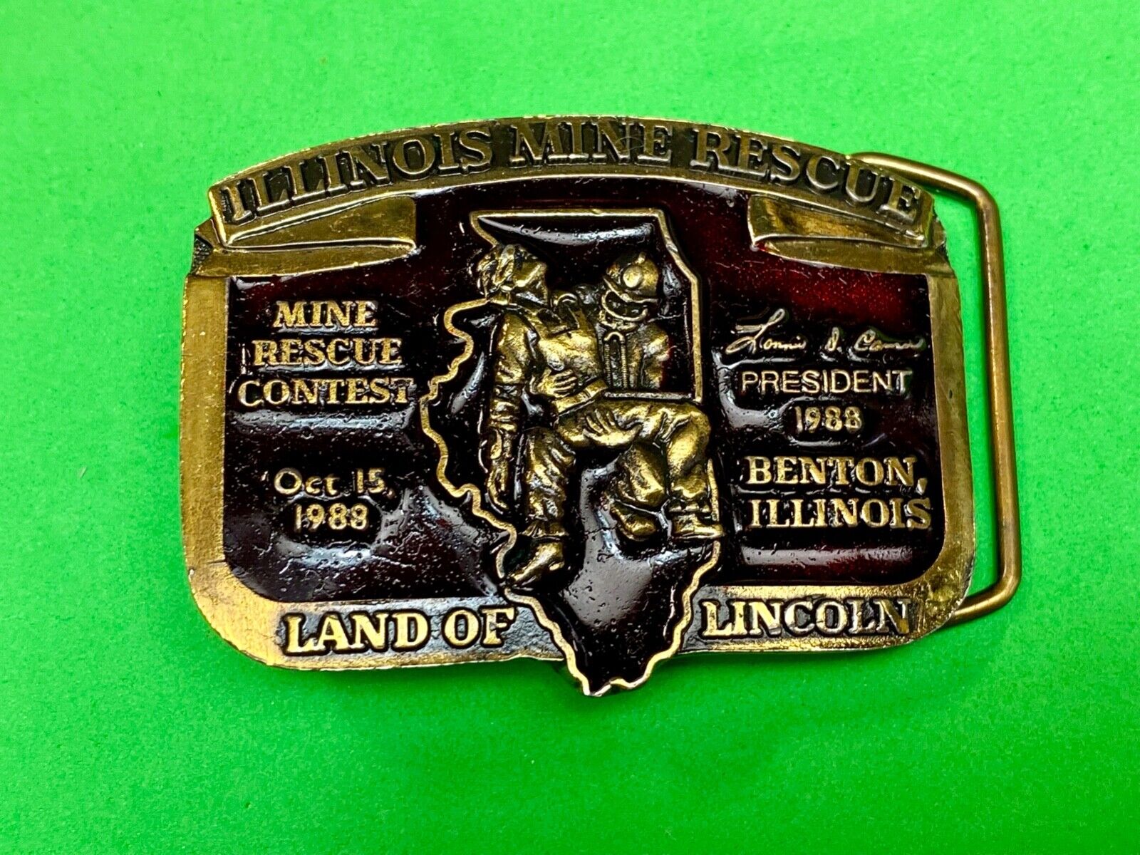 Vintage Illinois Mine Rescue, The land of Lincoln belt buckle  Stonebridge Press