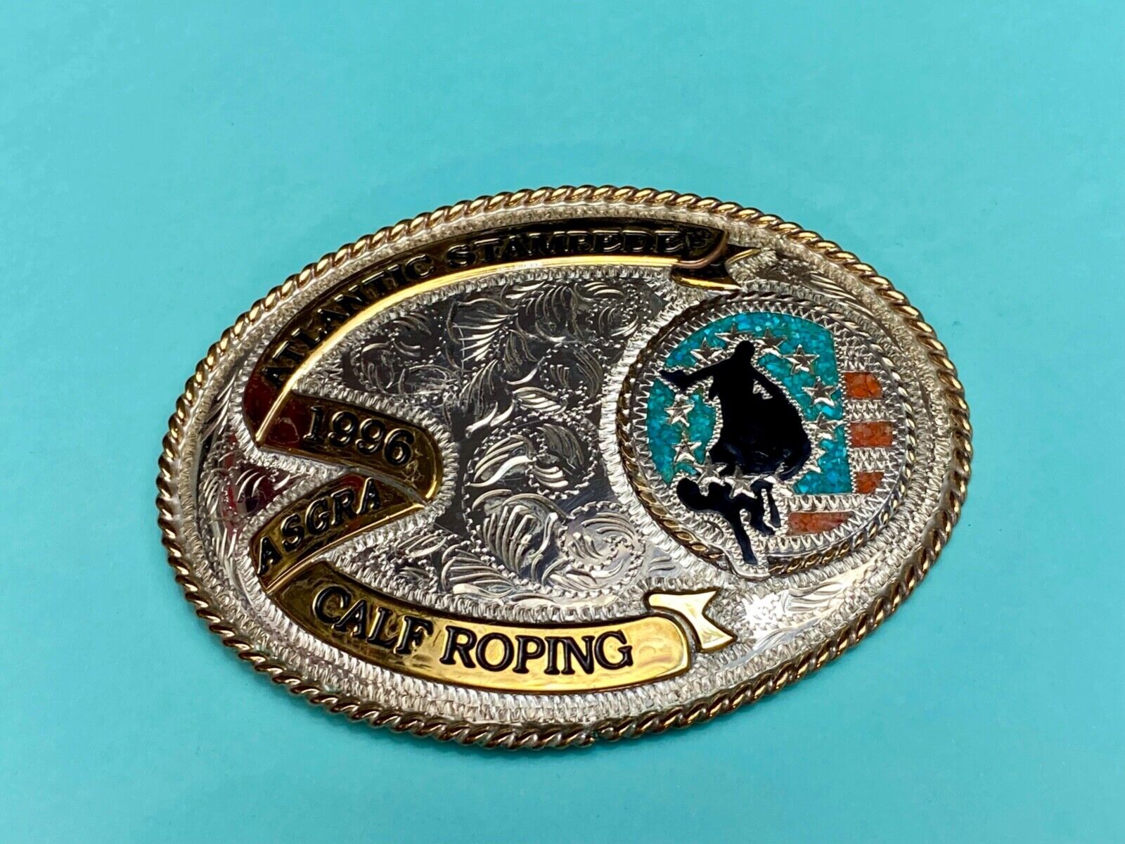 1996 ASGRA Calf Roping Atlantic Stampede turquoise coral belt buckle  - JACKSON