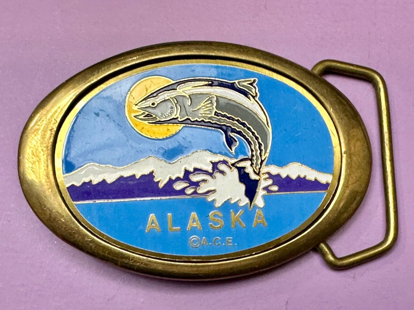 Alaska A.C.E. Jumping Fish - Vintage Solid Brass oval Belt Buckle  QB-101