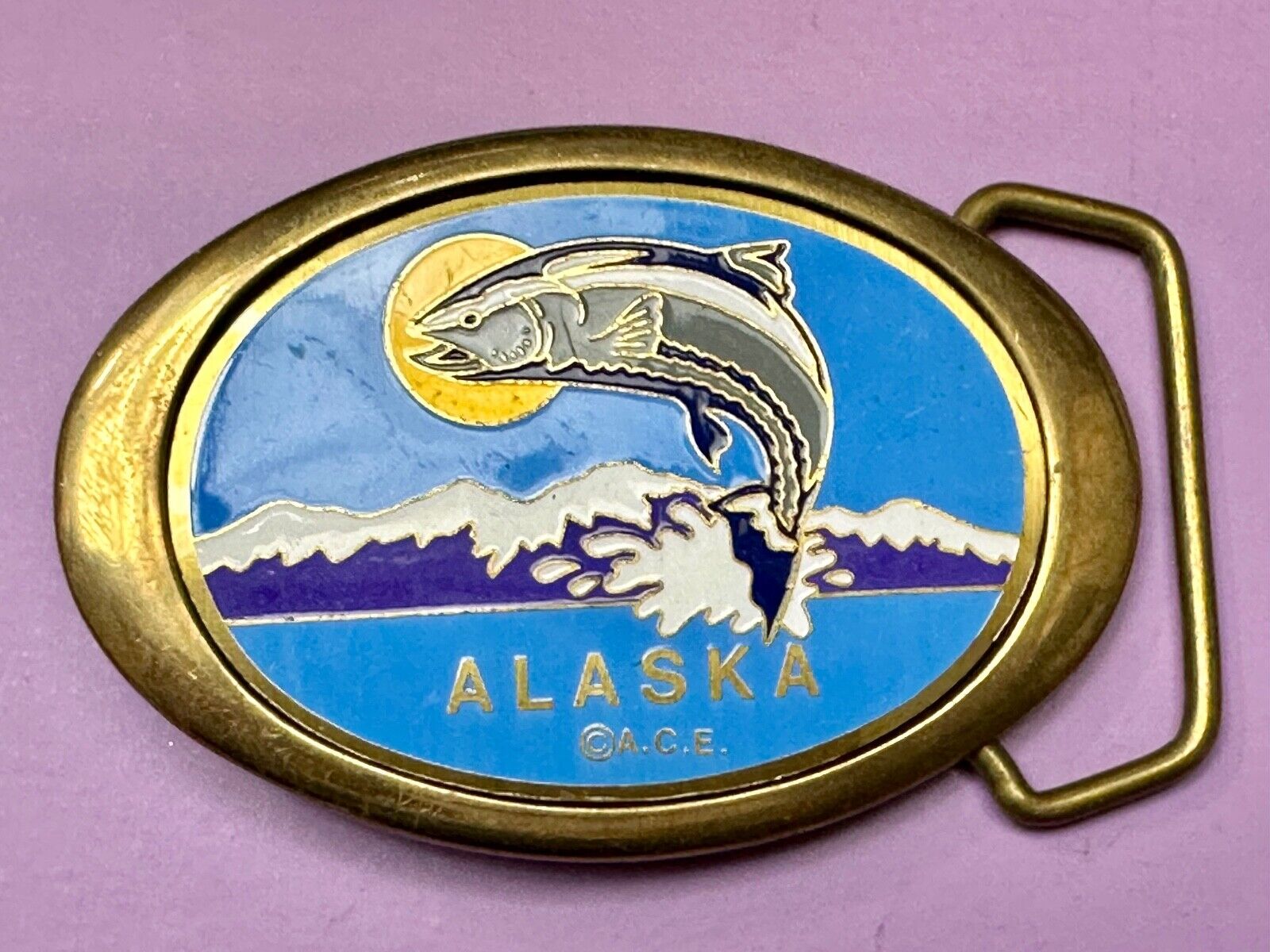 Alaska A.C.E. Jumping Fish - Vintage Solid Brass oval Belt Buckle  QB-101