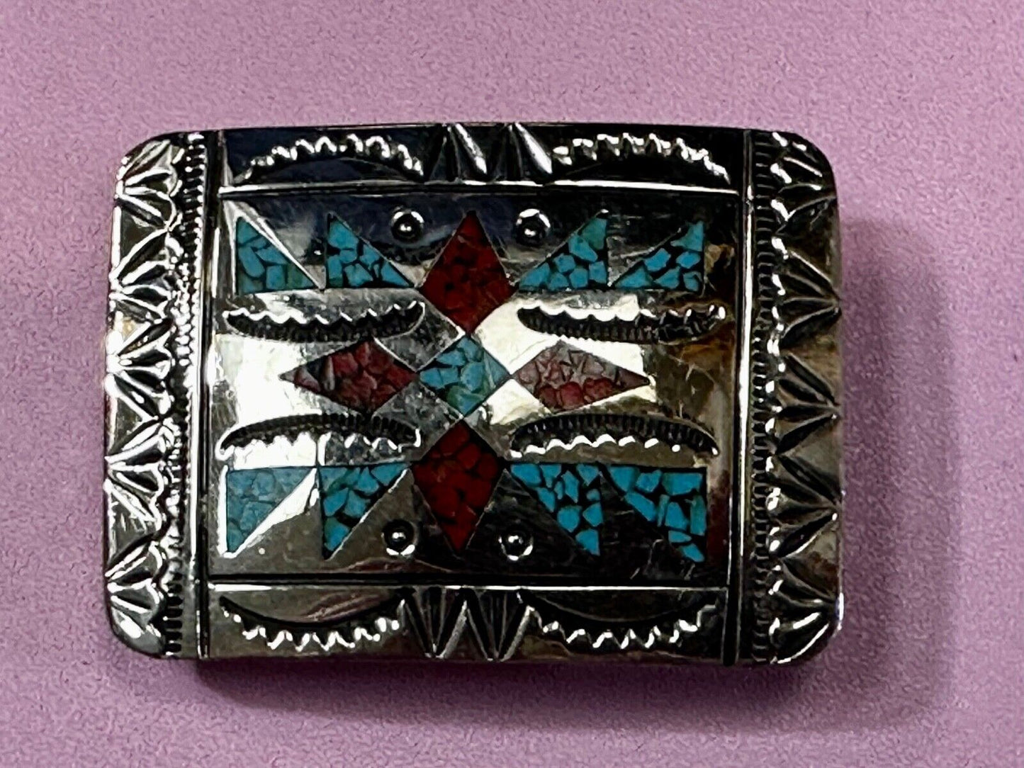 Turquoise & Coral Navajo / Native American Style Artisan 2" Belt Buckle