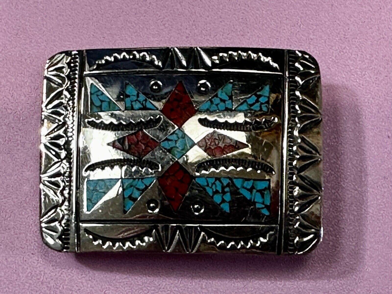 Turquoise & Coral Navajo / Native American Style Artisan 2" Belt Buckle