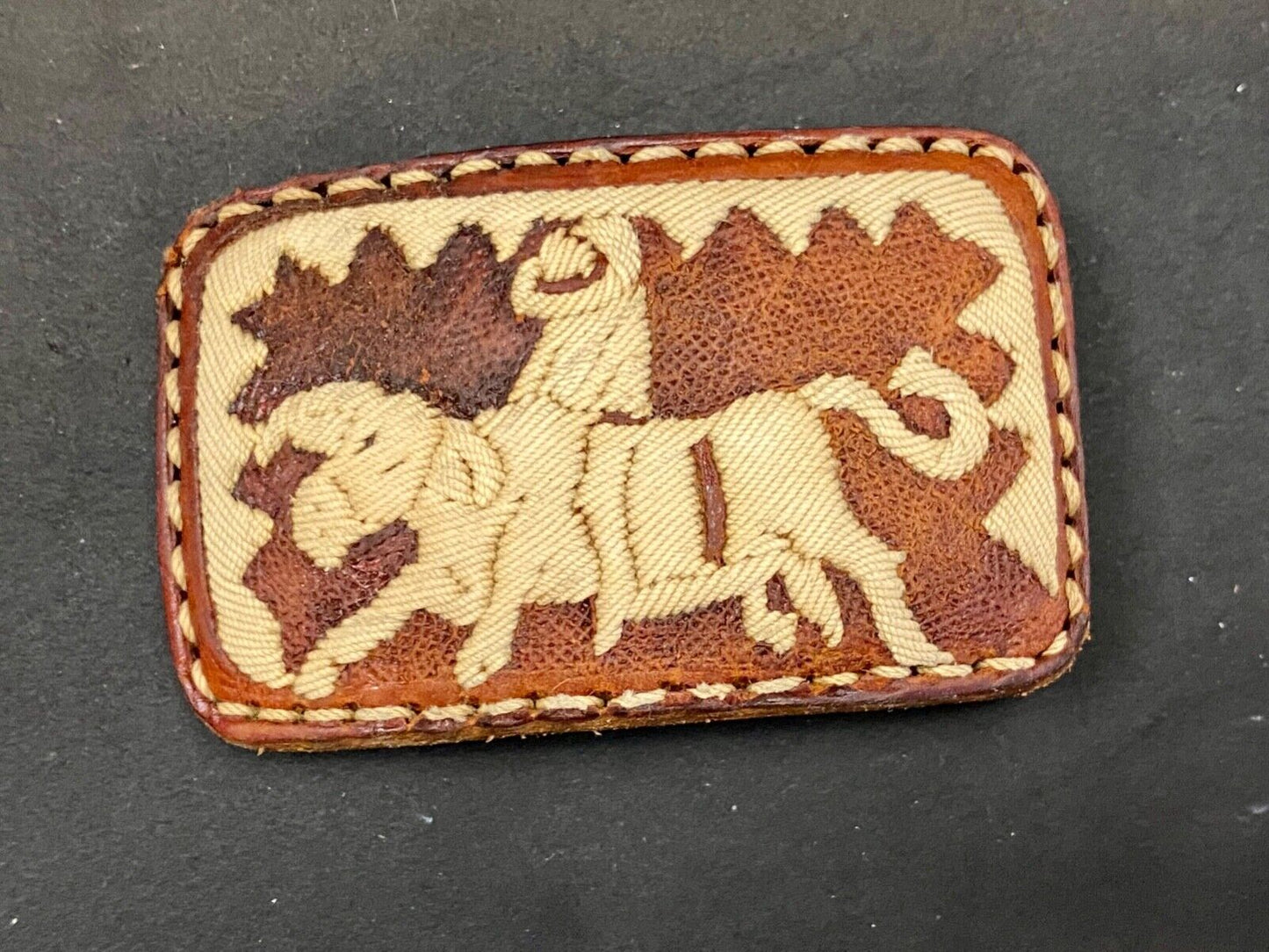 Vintage Fabric Stitched Belt Buckle  Rodeo Cowboy On Wild Bull