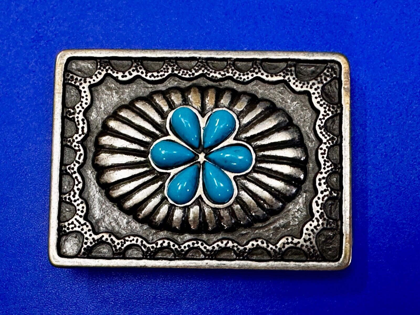 Turquoise Stone Center Floral Theme Native American Indian Style Belt Buckle