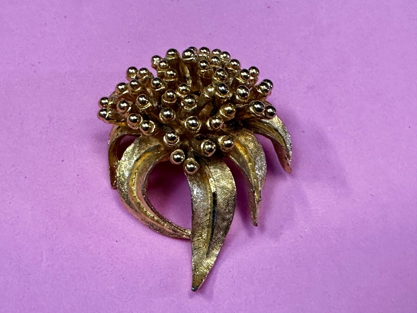 Vintage Flower Textured Brushed Gold Tone Brooch Pin Signed by BSK