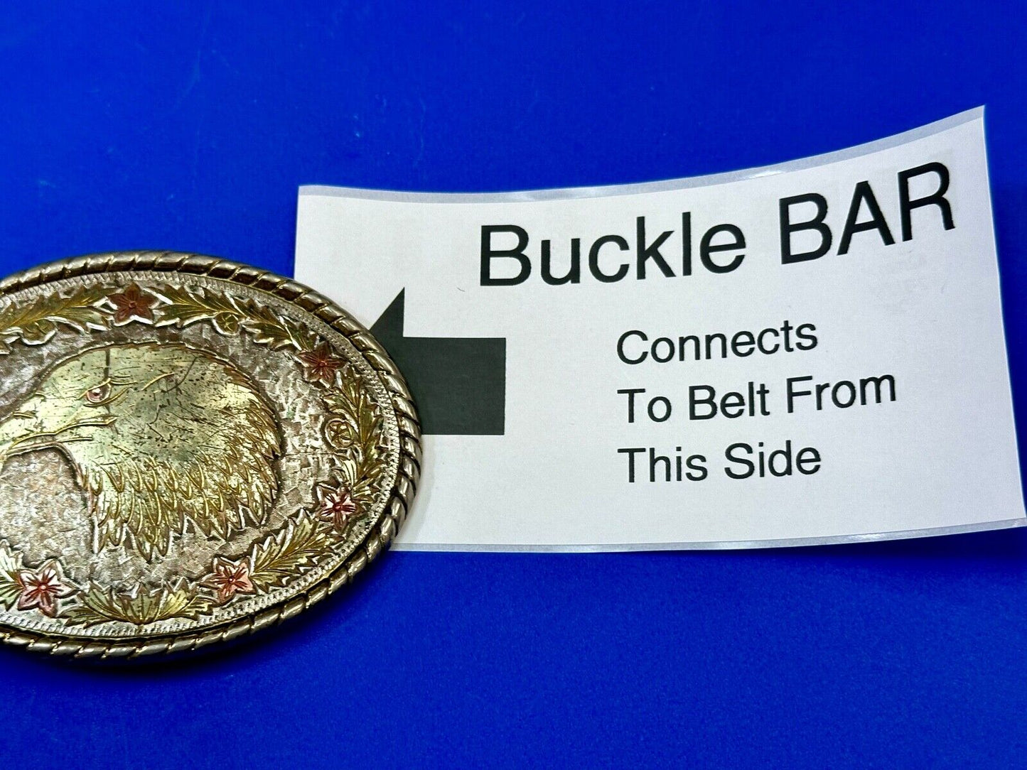 American Bald Eagle Bust profile, Mixed Color Etched belt buckle W Makers Mark