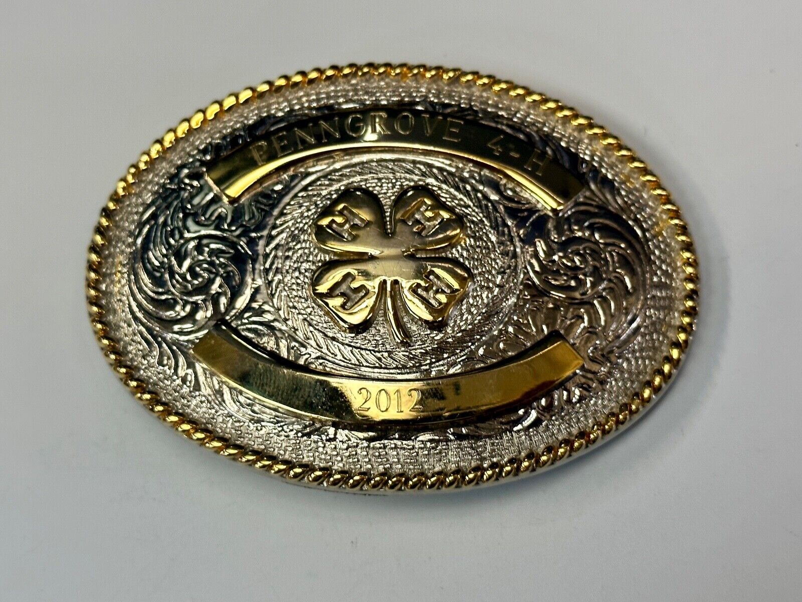 4h emblem logo  Engraved trophy style 2012 western two tone belt buckle