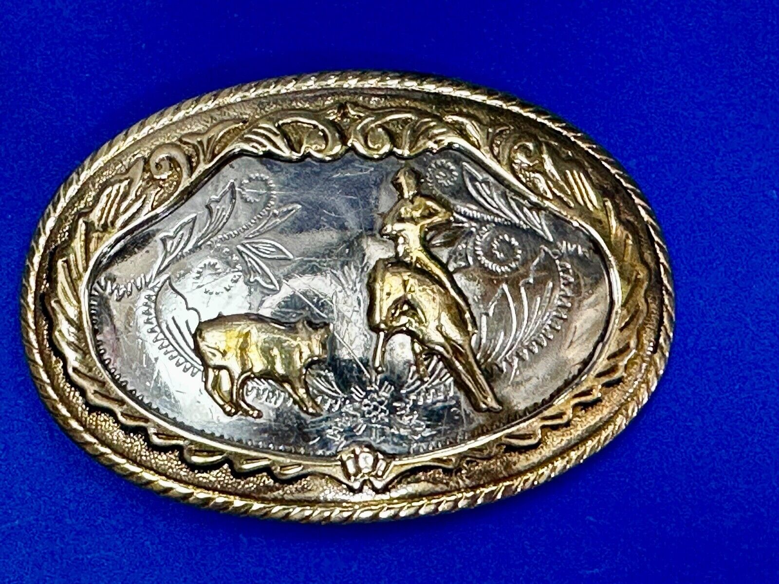 Beautiful Cowboy Ropeing Scene Vintage German Silver Belt Buckle - Awesome Detai