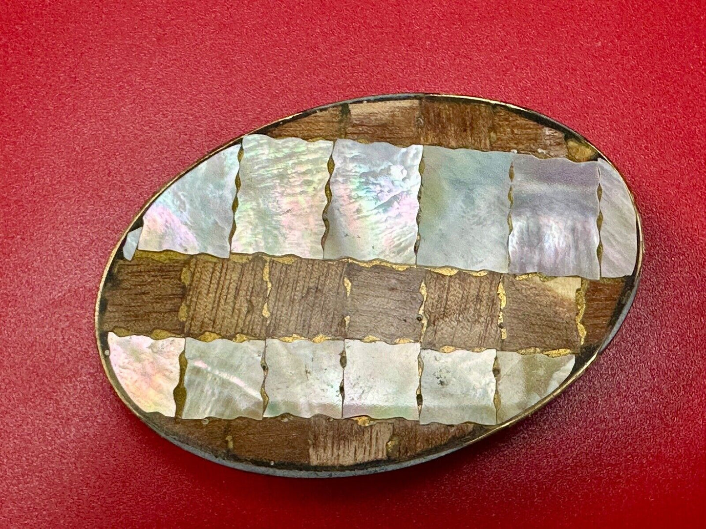 Abalone Shell and wood squares in Vintage oval belt buckle - See Hallmark!