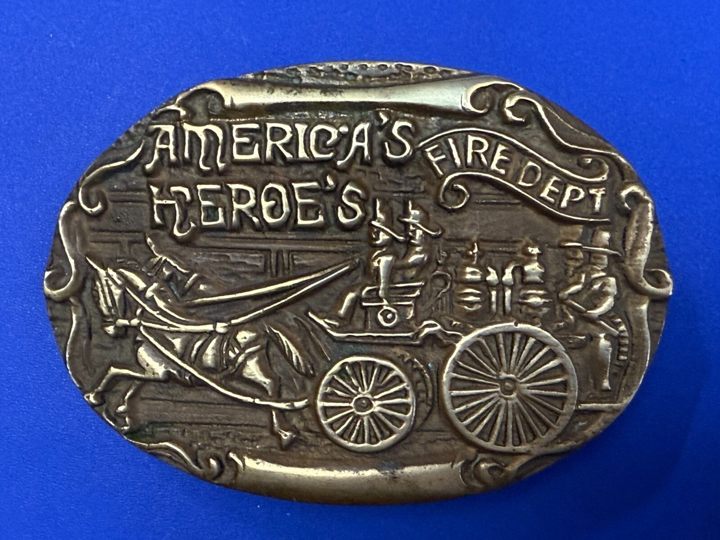 America's Heroes Fire Department Fireman Truck Wagon Solid Brass Belt Buckle