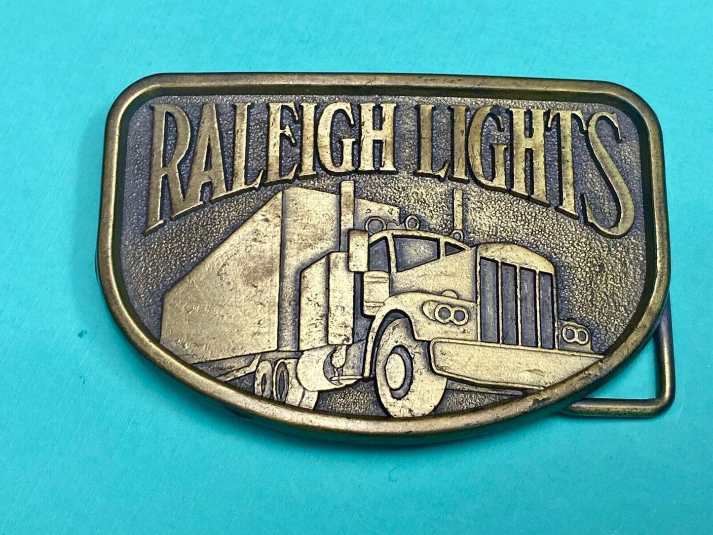 1970S Vintage Raleigh Lights Semi Truck Trucker Brass Tone Belt Buckle By Rj