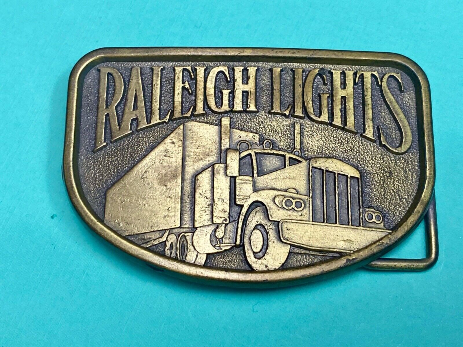 1970S Vintage Raleigh Lights Semi Truck Trucker Brass Tone Belt Buckle By Rj