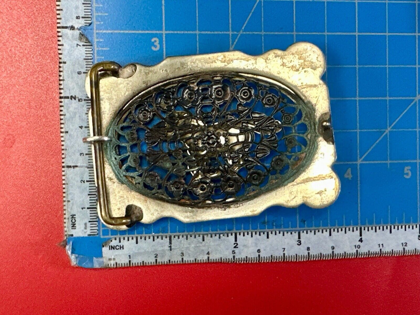 Unique Running Horse in ornate cutout see through vintage two tone belt buckle