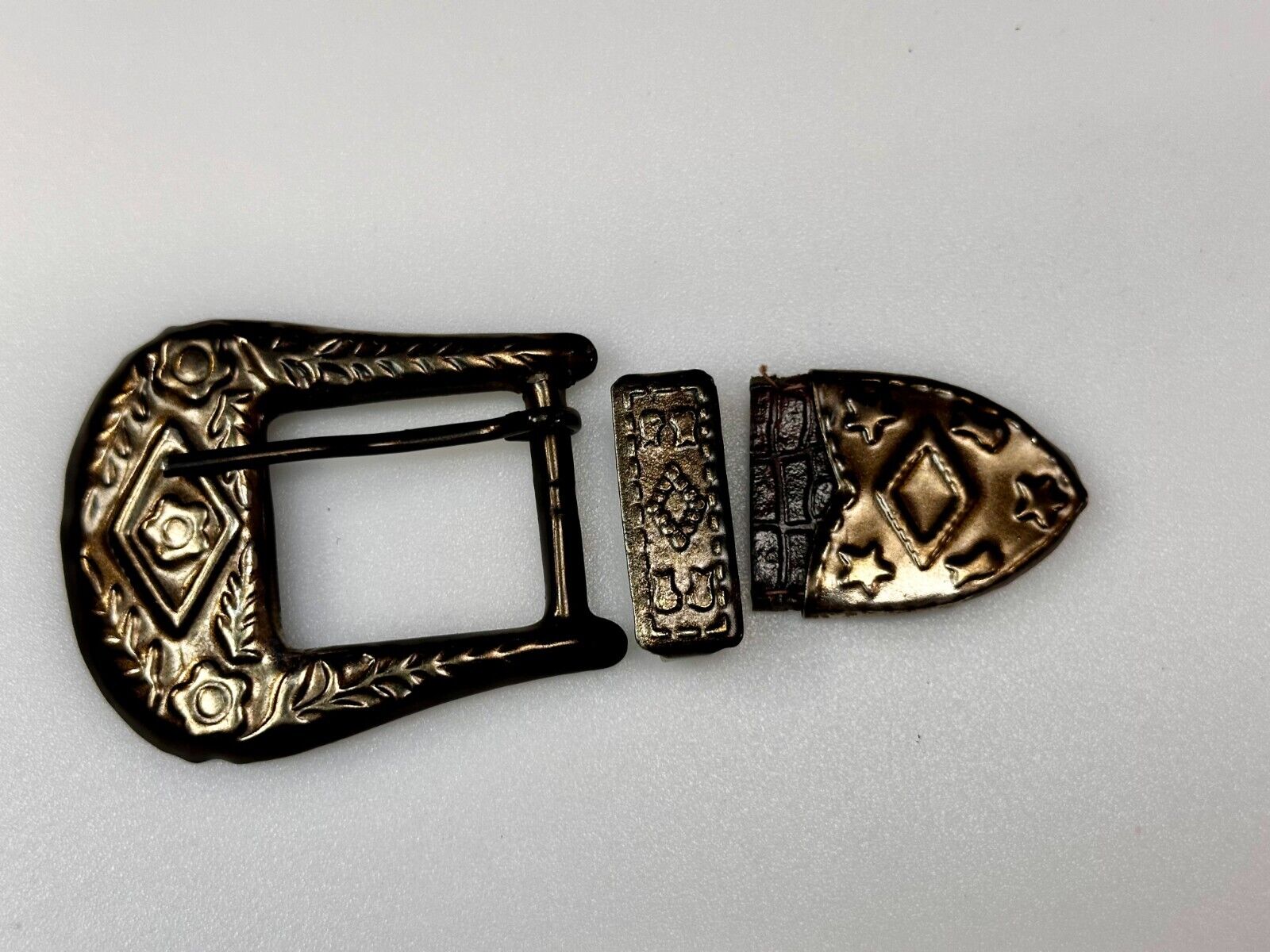 Three Piece Vintage Ranger Silver Tone Belt Buckle Set - Keeper & Tip Included