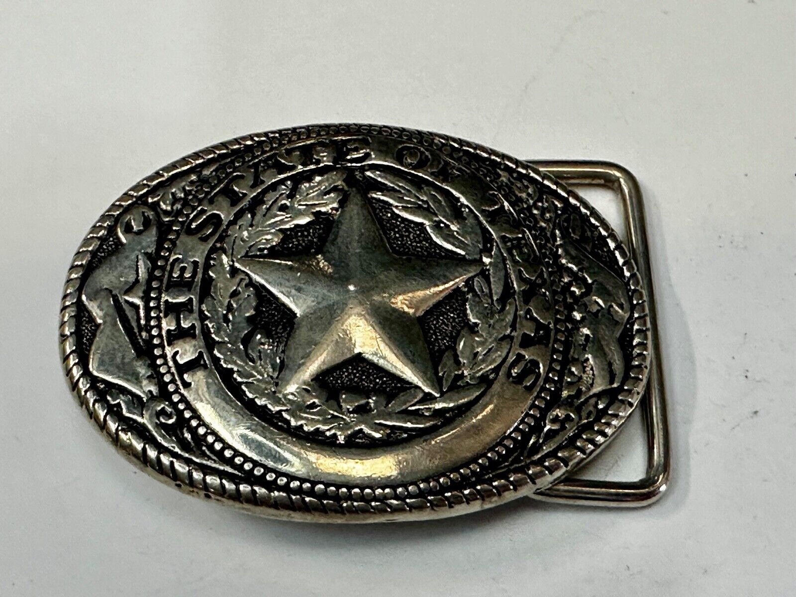 The Great State of Texas Star Flag Theme Vintage Silver tone western Belt Buckle
