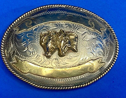 Vintage 4" Three Horse Head's  On Alpaca Mexico Belt Buckle Blank Trophy Scroll 