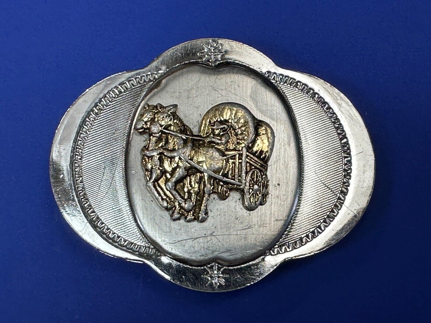 Vintage Horse Drawn Covered wagon on ornate western two tone belt buckle