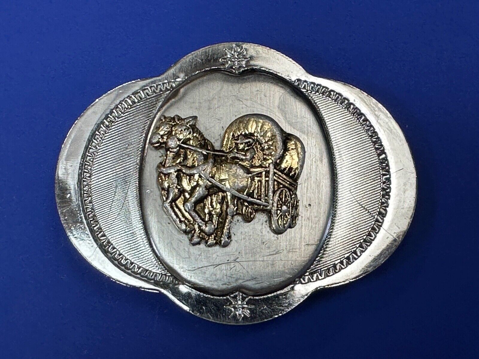 Vintage Horse Drawn Covered wagon on ornate western two tone belt buckle