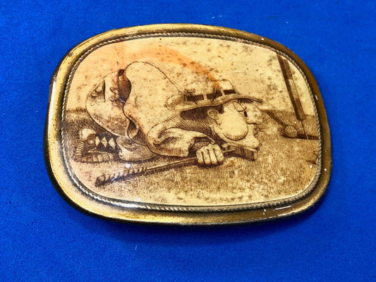 Vintage Belt Buckle, golf cartoon golfer on ground blowing ball into hole! 