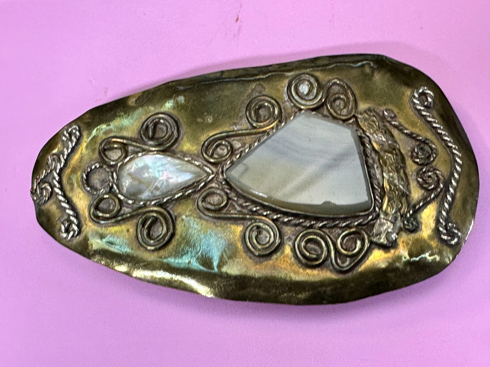 Artisan Mixed Stone Shell Art Nouveau Boho Brass Hippy Vibe Large Belt Buckle