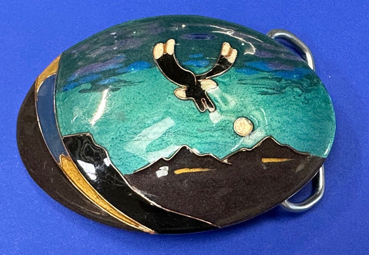 Beautiful flying eagle painting art raised oval belt buckle artist signed LITT