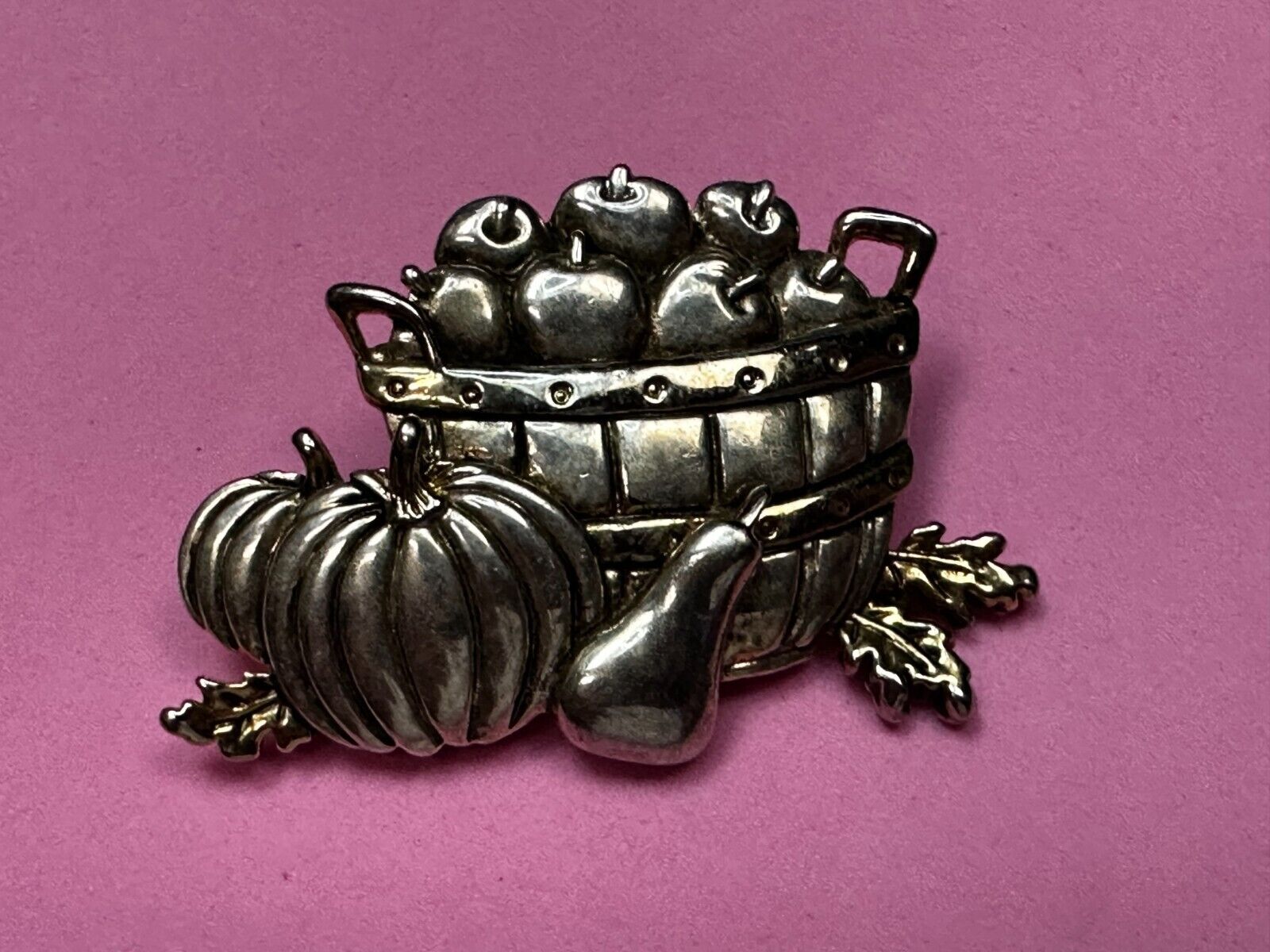 Apple Basket Pumpkin Fall Harvest Autumn Vintage Brooch Pin Signed by MJ