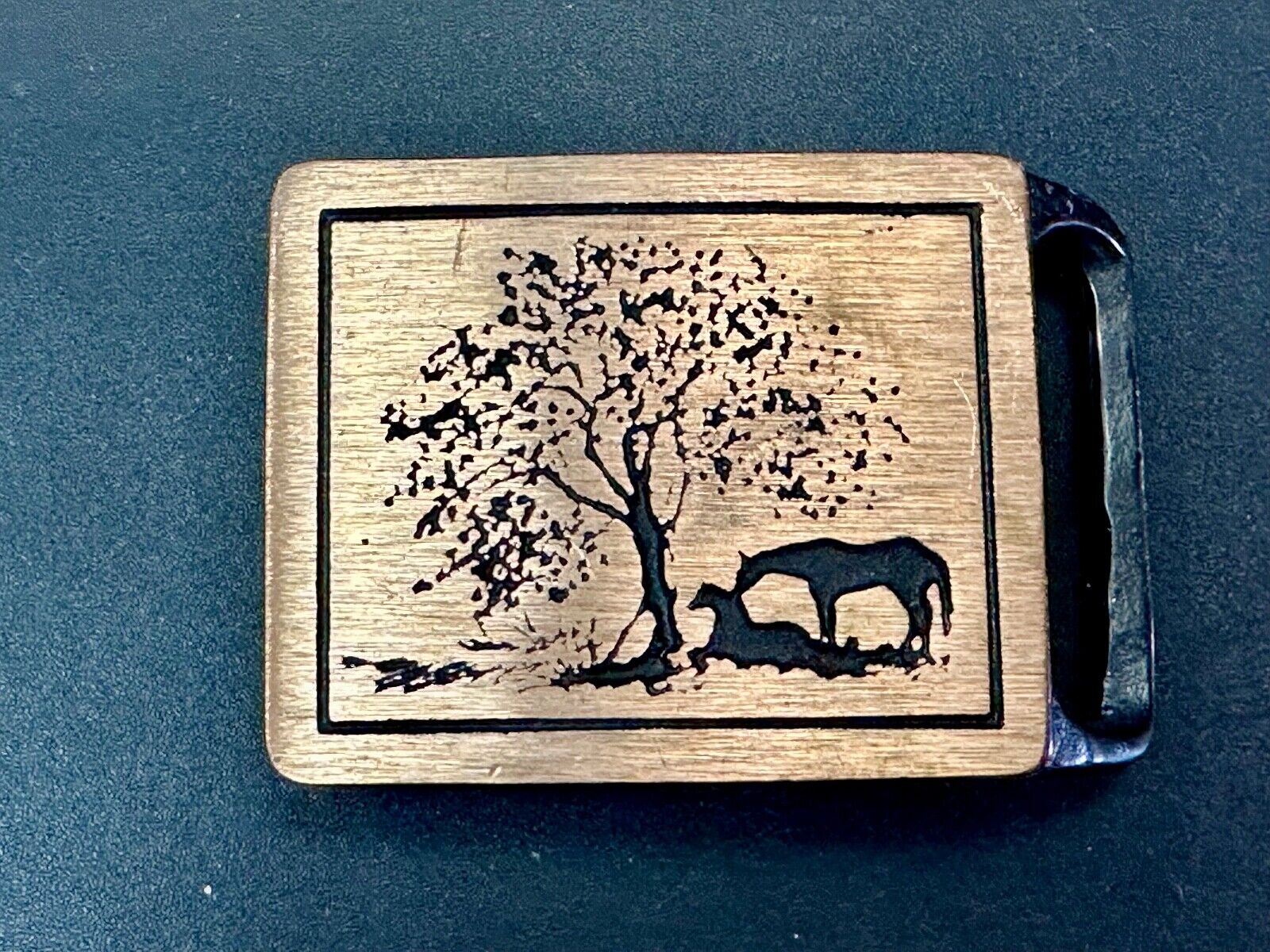 Two Horses Hippy Style 70's Horse at Tree Tech Ether Guild  belt buckle