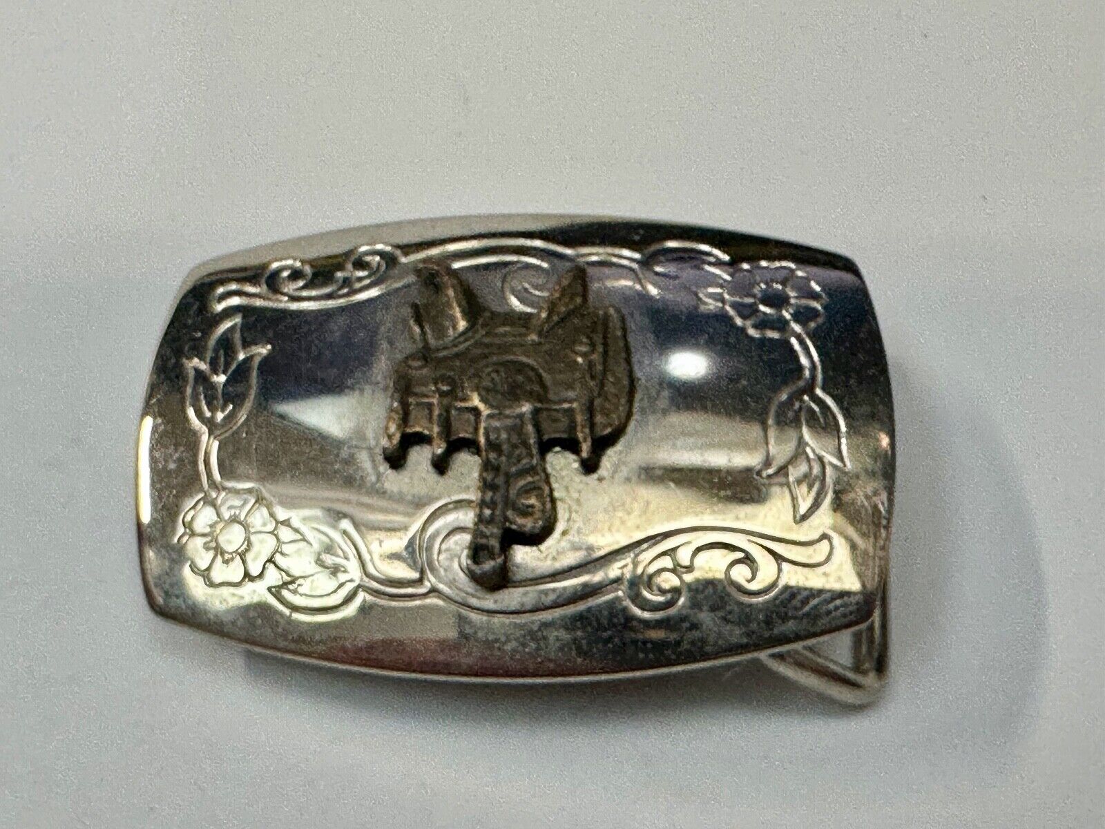 Vintage Cowboy Horse Saddle western two tone belt buckle