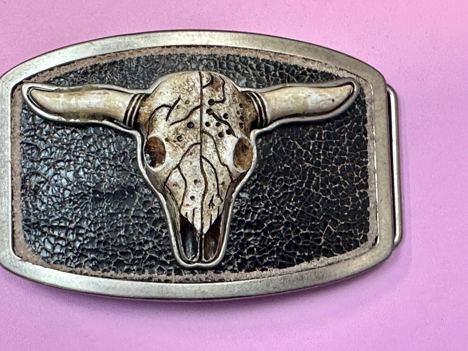 Texas Longhorn Silver tone Faux Leather backing Belt Buckle by Classico Itallio