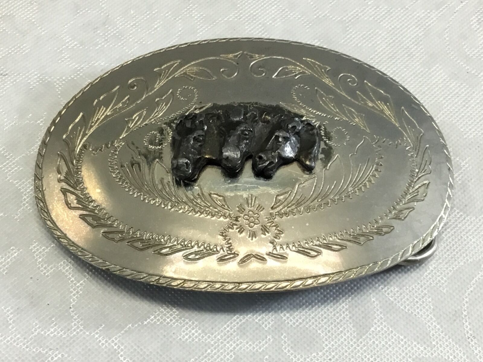 3-D Horse Heads Cowboy Western Belt Buckle Silver Tone