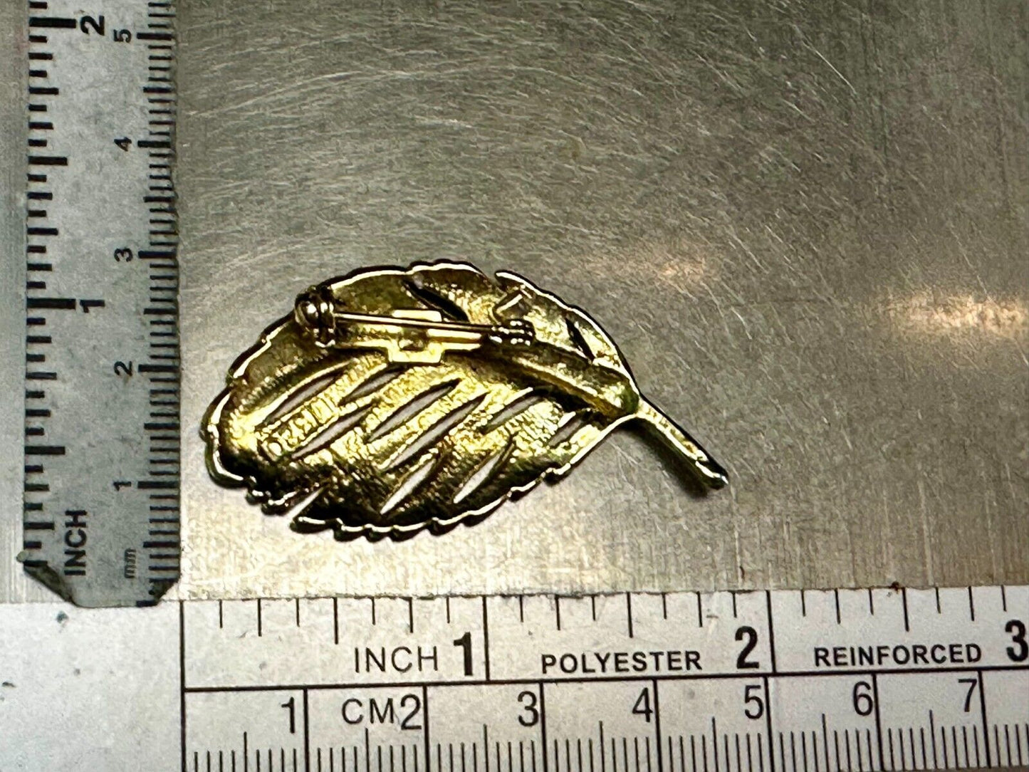Vintage Leather Feather Textured Gold Tone Brooch Pin Marked Taiwan 1320