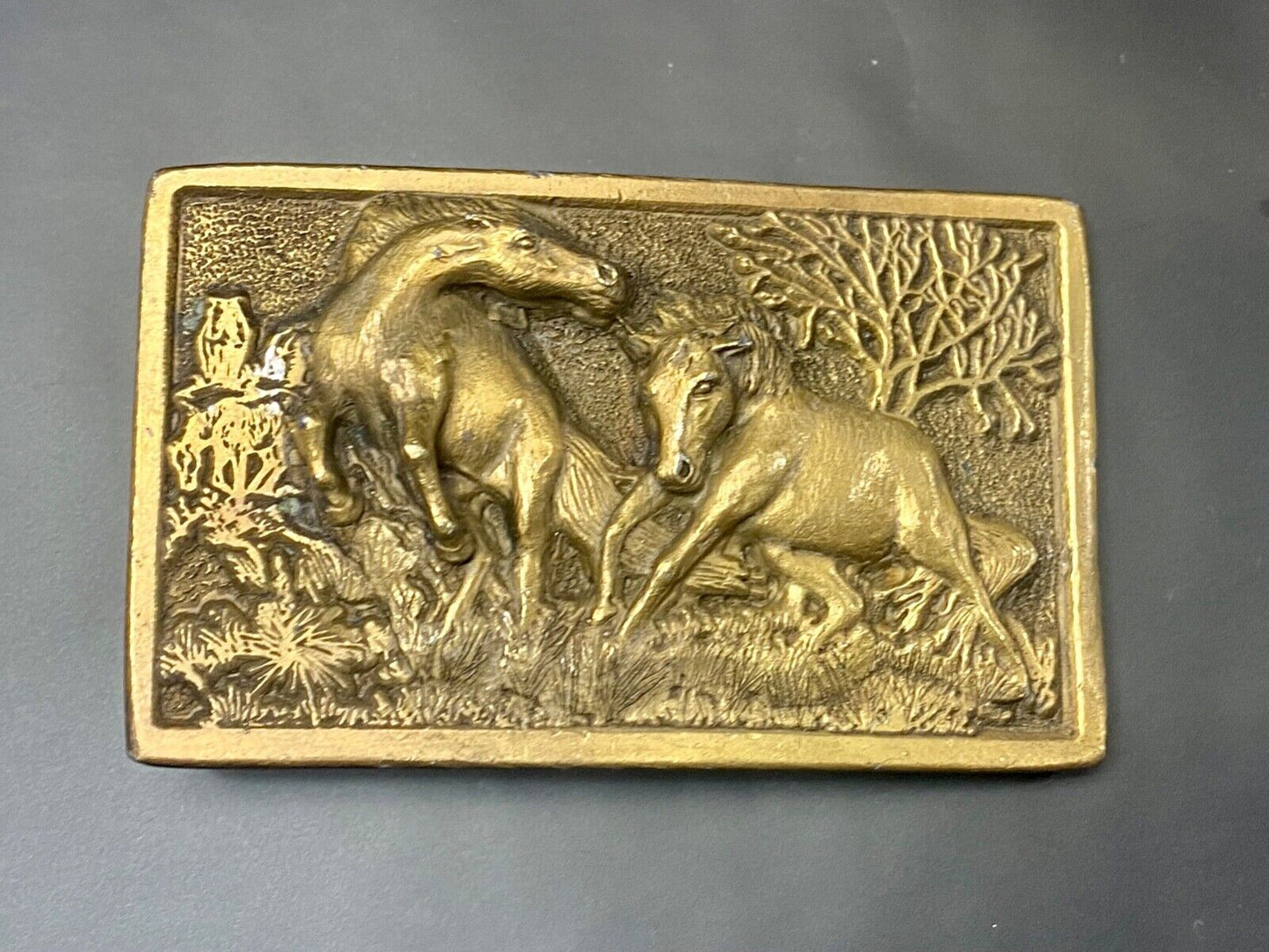 Adezy Horses belt buckle carved by Paula Freed Vintage 1978 Nature belt buckle
