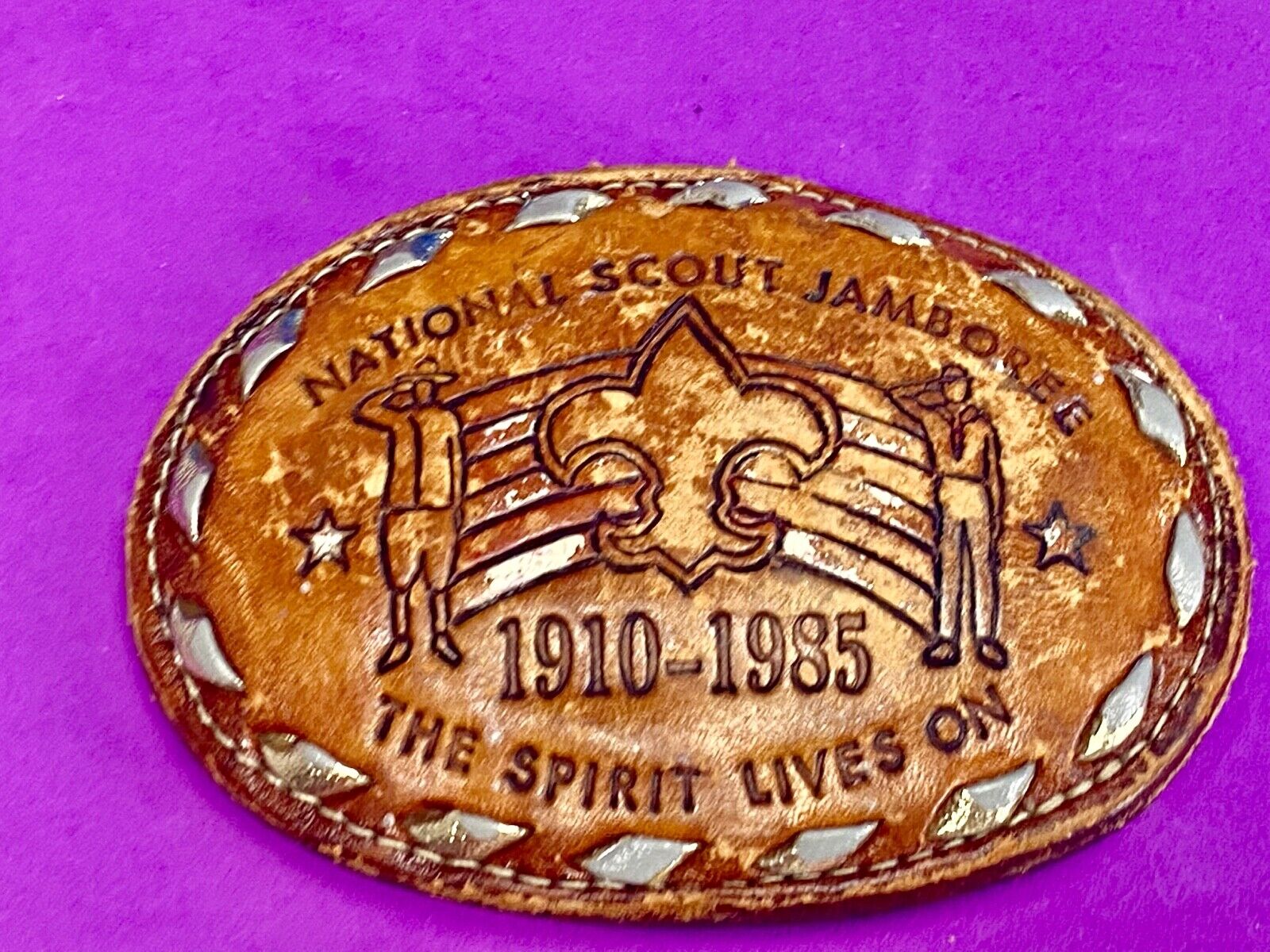 Vintage 1985 BSA National Scout Jamboree Boy Scouts leather belt buckle 