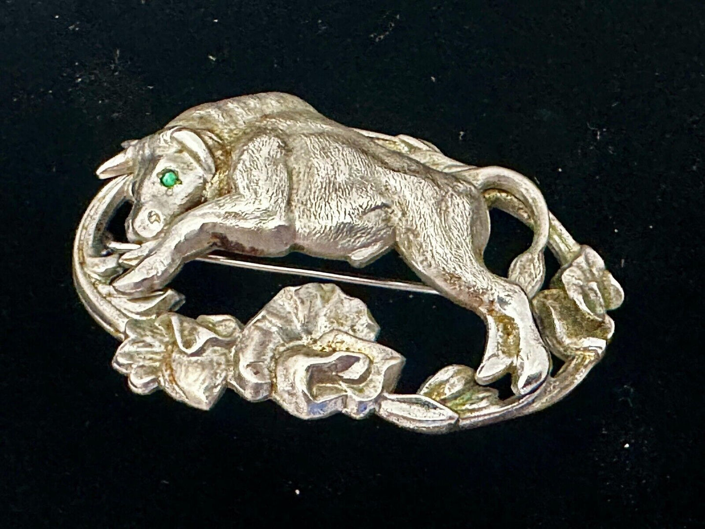 Taurus Bull 2" Wide Green Eyes -9 25 Sterling Silver Vintage Brooch by Otis
