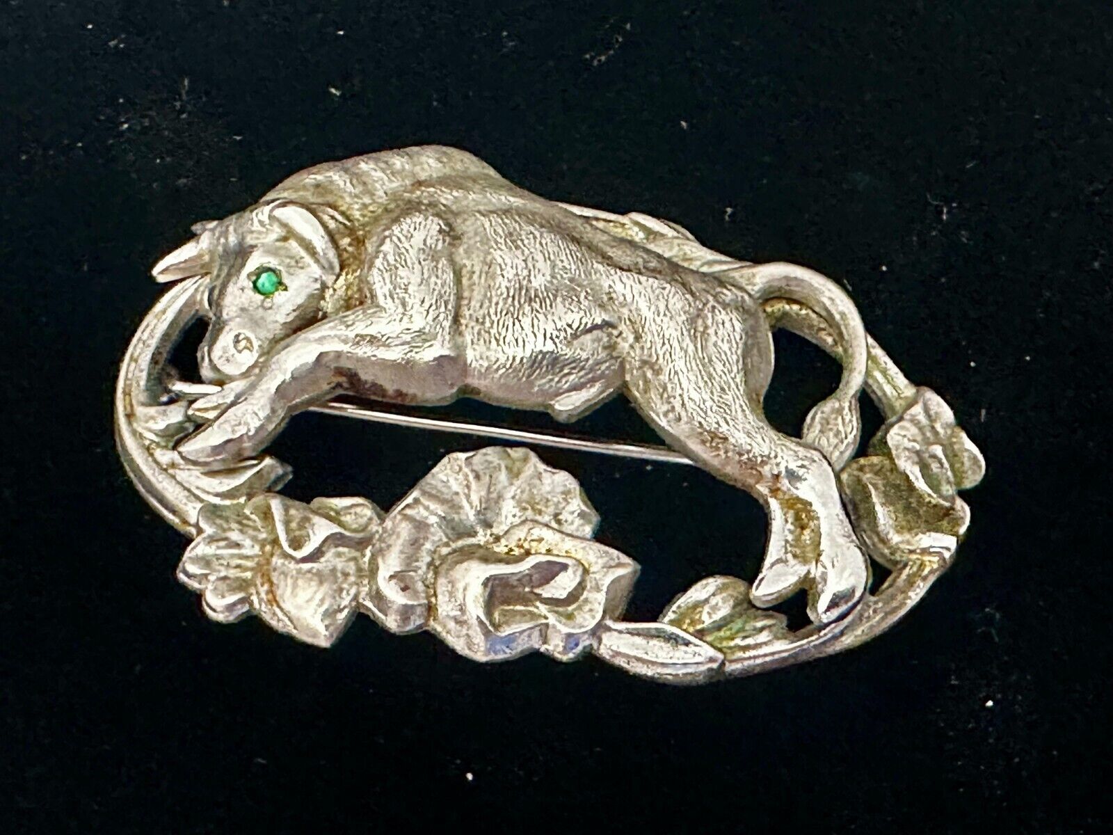 Taurus Bull 2" Wide Green Eyes -9 25 Sterling Silver Vintage Brooch by Otis